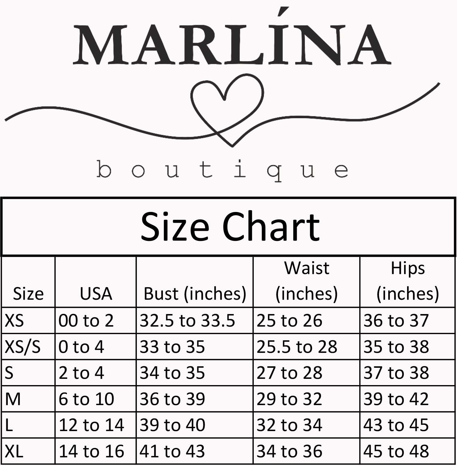 Marlina Boutique Size Chart